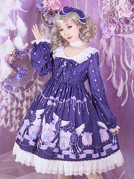Image of Dolce Lolita Op Dress Viola maniche lunghe in poliestere archi giornalieri casual lolita lolita abiti un pezzo