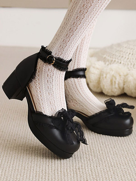 Milanoo Sweet Lolita Sandals Bows Round Toe Chunky Heel PU Leather Pink Lolita Summer Ankle Strap He