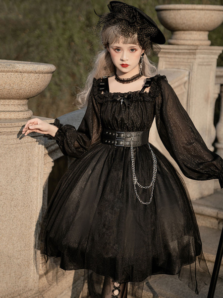 Image of Abito Lolita gotico con fiocchi a maniche lunghe in pizzo con volant Abito monopezzo nero Lolita