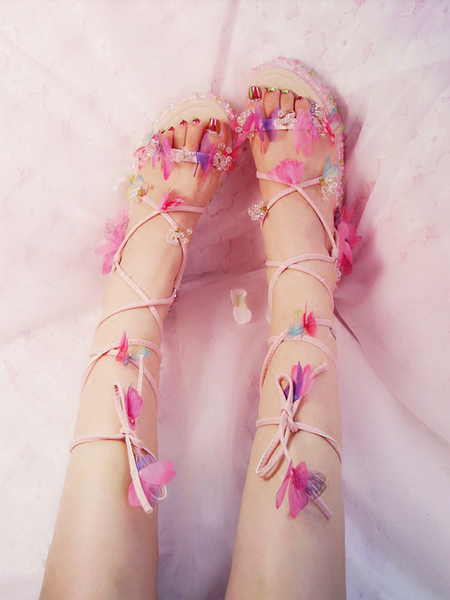 Milanoo Sweet Lolita Sandals Round Toe Sequins Lace Up Flowers Microfiber Pink Customize Lolita Summ  - buy with discount