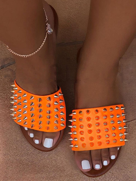

Milanoo Womens Orange Slipper Flat Slip-On Open Toe PU Leather Summer Flat Sandals, Orange;black;white