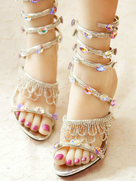 

Milanoo Sweet Lolita Sandals Fringe Rhinestones PU Leather Pointed Toe Stiletto Heel Sliver Customiz, Silver