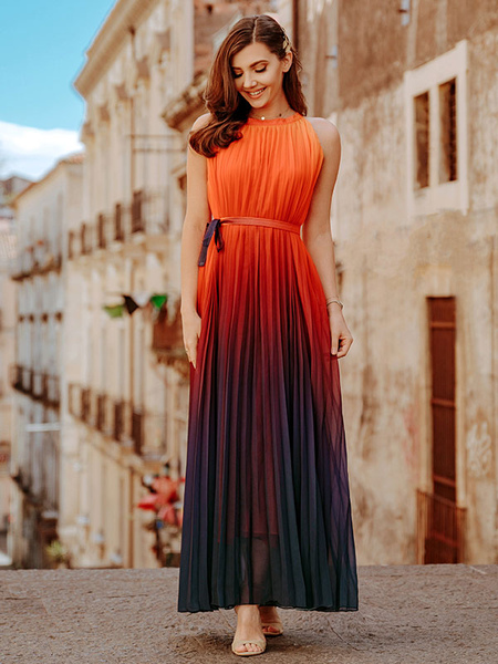 

Milanoo Women Maxi Dresses Sleeveless Ombre Jewel Neck Sleeveless Polyester Summer Long Dress