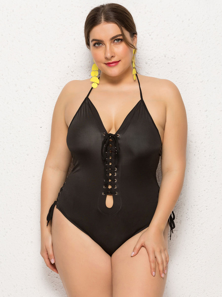 

Milanoo Black Monokini Plus Size Lace Up Polyester Sexy Summer Beach Swimming Suit