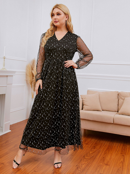 

Milanoo Plus Size Black Maxi Dress V-neck Long Sleeve Sequins Polyester Oversized Casual Long Dress