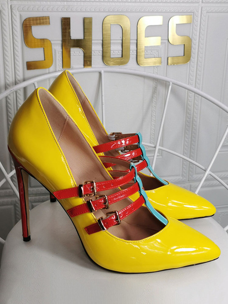 Milanoo Plus Size High Heels For Women Pointed Toe Stiletto Heel Fashion Patent PU Yellow Mary Jane 