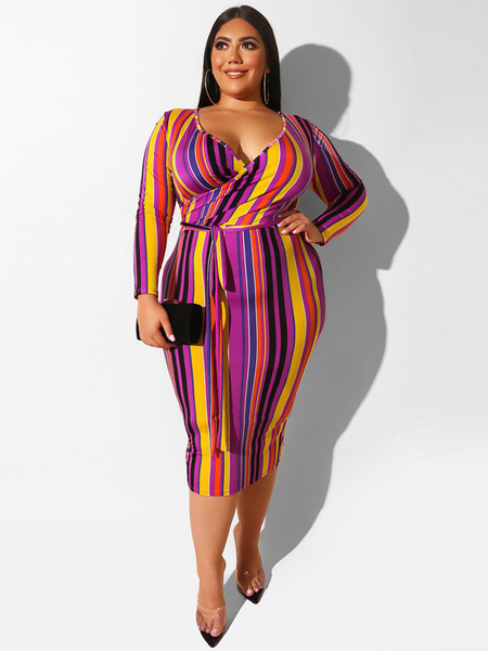 Milanoo Plus Size Bodycon Dress V-neck Long Sleeve Stripes Pattern Layered Lace Up Casual Summer Mid  - buy with discount