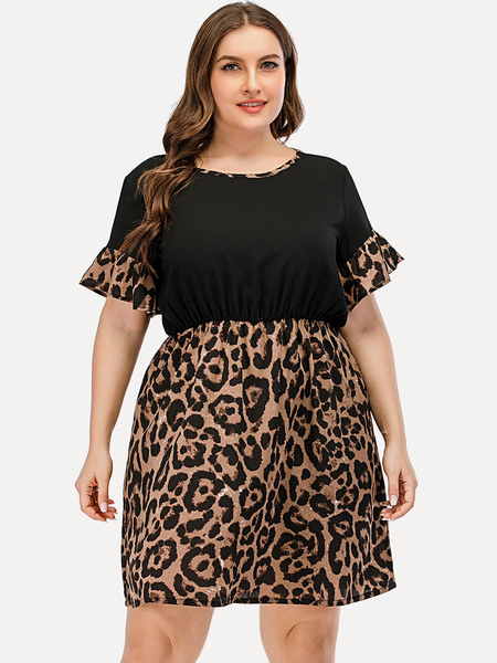 

Milanoo Plus Size Midi Dress Jewel Neck Flared Short Sleeve Leopard Print Polyester Knee Length Casu