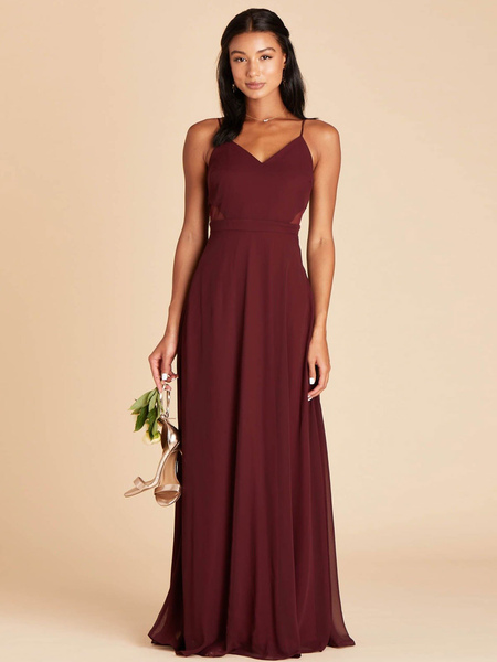 Milanoo Burgundy Bridesmaid Dresses A-Line V-neck Sleeveless Cut-Outs Polyester Floor-Length Wedding  - buy with discount