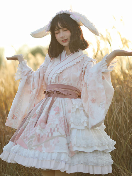 Milanoo Japanese Style Lolita OP Dress Long Sleeve Floral Print Pink Bows Sweet Lolita One Piece Dre  - buy with discount