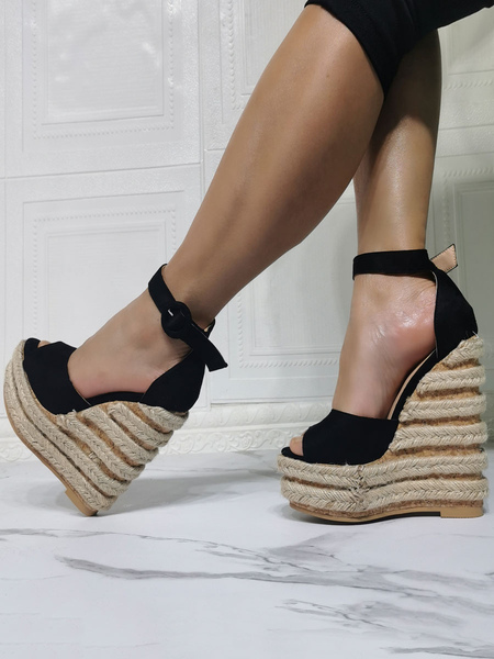 

Milanoo Black High Heel Sandals Micro Suede Upper Peep Toe Wedge Heel Sexy Wedge Sandals