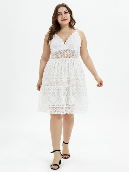 Milanoo Plus Size White Dress V-neck Cut-Outs Lace Sleeveless Layered Knee Length Summer Dress, White, Black  - buy with discount