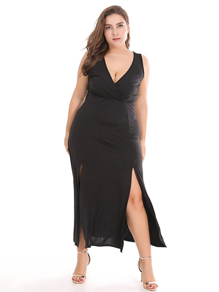 Milanoo Plus Size Black Dress V-neck Sleeveless Polyester Layered Long Split Summer Dress  - buy with discount