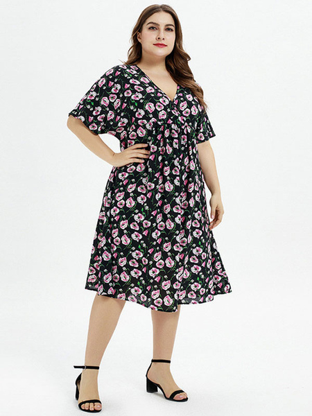 Milanoo Plus Size Black Dress V-neck Half Sleeves Floral Print Pattern Knee Length Casual Summer Dre  - buy with discount