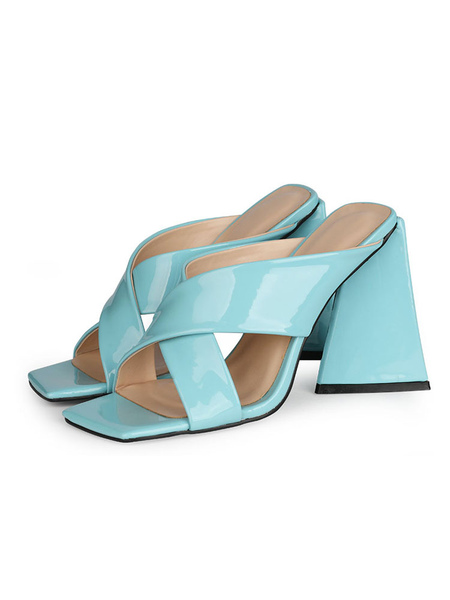 

Milanoo Women Heeled Mules Light Sky Blue Square Toe Chunky Heel PU Leather Summer Mules, Lilac;rose;light sky blue;lavender;pink gold;apricot