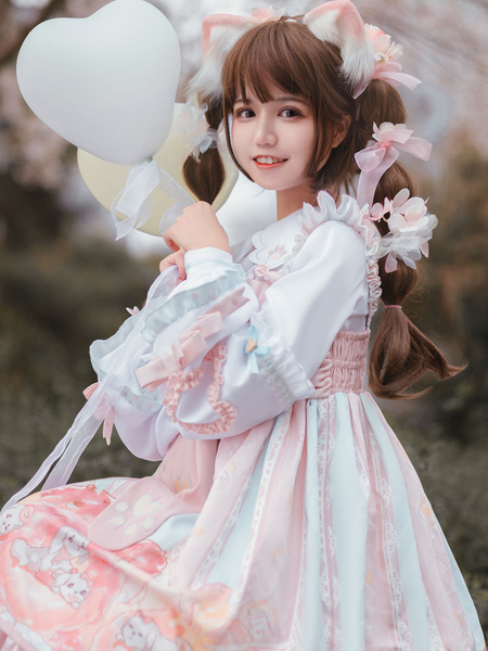 Image of Maglietta Lolita Tea Party Camicia bianca Lolita dolce con fiocchi a maniche lunghe in poliestere
