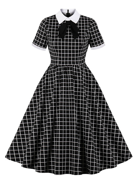 

Milanoo 1950s Black Vintage Dress Plaid Pattern Short Sleeves Turndown Collar Lycra Spandex Bowknot