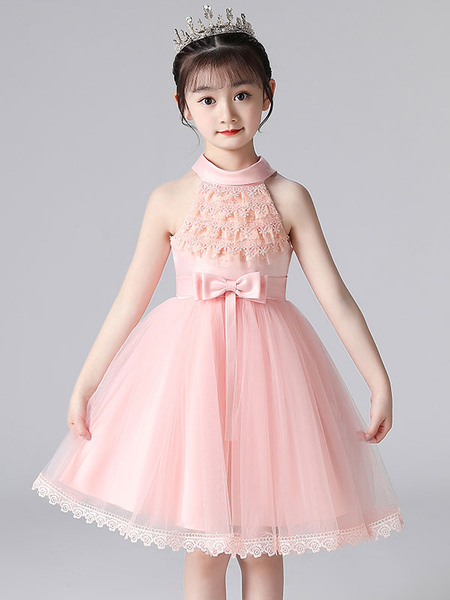 Milanoo Pink Flower Girl Dresses Halter Neck Lace Sleeveless Short Princess Dress Bows Formal Kids P, Champagne, Pink, White  - buy with discount