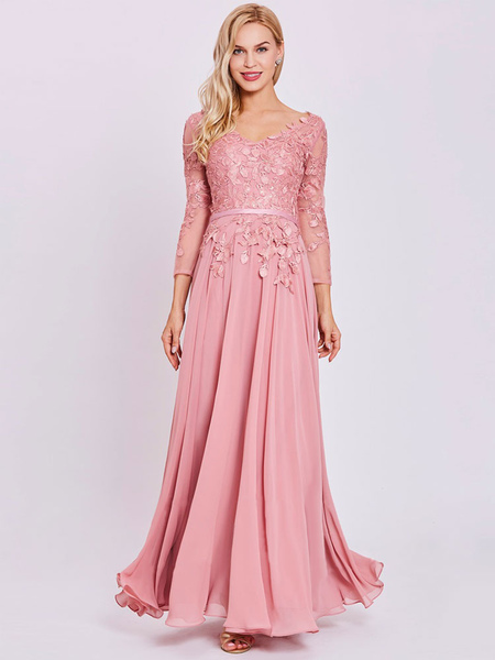 

Milanoo Pink Party Dress For Mother Of The Bride V-Neck Long Sleeves A-Line Lace Chiffon Long Weddin, Ture red;pink
