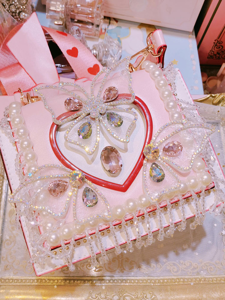 Image of Borsa Lolita Borsa a mano con motivo a farfalla rosa con borchie in strass Accessori Lolita in pelle PU