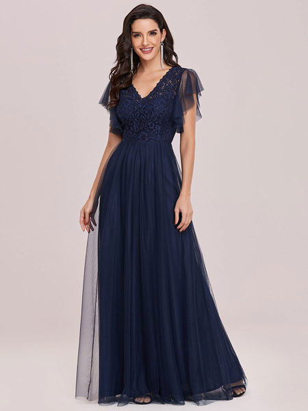 

Milanoo Ink Blue Prom Dress A-Line V-Neck Tulle Short Sleeves Backless Floor-Length Pageant Dresses