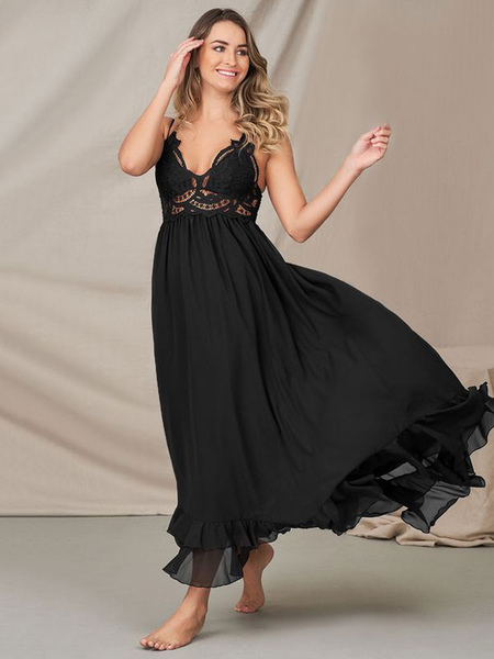 

Milanoo Maxi Dresses Sleeveless Black Straps Neck Maxi Lace Floor Length Dress