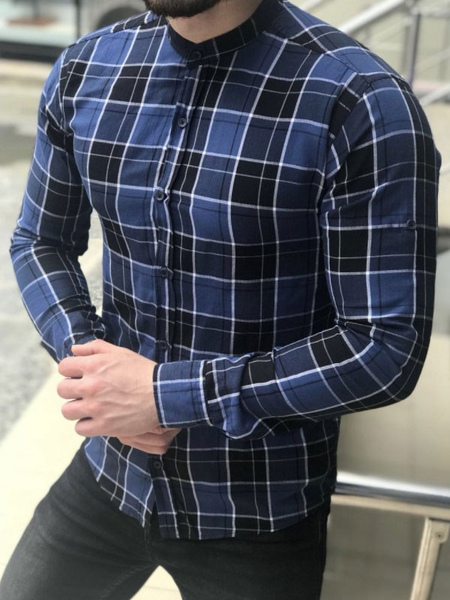 Image of Camicia casual da uomo con collo gioiello Camicie da uomo blu scozzese casual