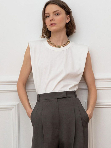 Image of Camicetta bianca per donna T-shirt oversize in poliestere senza maniche con collo gioiello