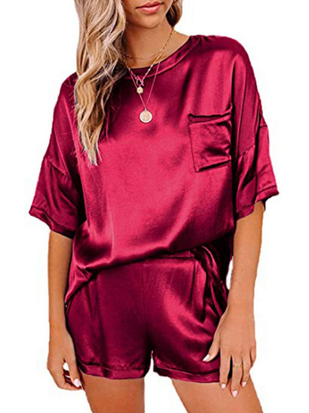Milanoo Homewear 2-Piece Set Red Jewel Neck Half Sleeves Irregular Design Polyester Blouse Shorts Ca, Red, blue gray, White, Light Sky Blue, Deep Blue, Dark Green, Black, Champagne, Pink, Hunter Green  - buy with discount