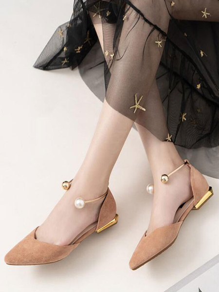 Image of Scarpe basse da donna Ballerine con cinturino alla caviglia con dettagli in metallo a punta color carne