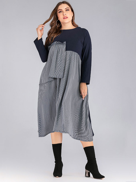 

Milanoo Plus Size Dress For Women Deep Blue Jewel Neck Long T-Shirt Sleeves Color Block Polyester Ov, Deep blue;black
