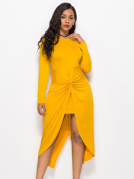 

Milanoo Bodycon Dresses Yellow Long Sleeves Pleated Casual Jewel Neck High Low Design Slim Fit Dress, Blue;black;yellow