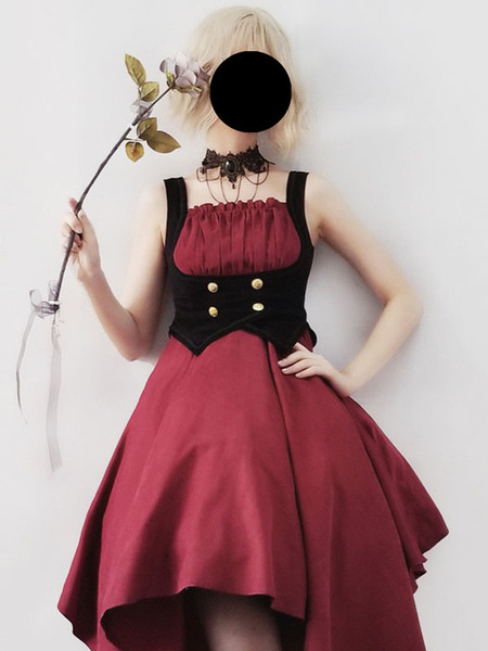 Image of Pre-vendita Gothic Lolita JSK Dress Borgogna senza maniche Ruffles Gommieri pieghettato Lolita Jumper Gonna