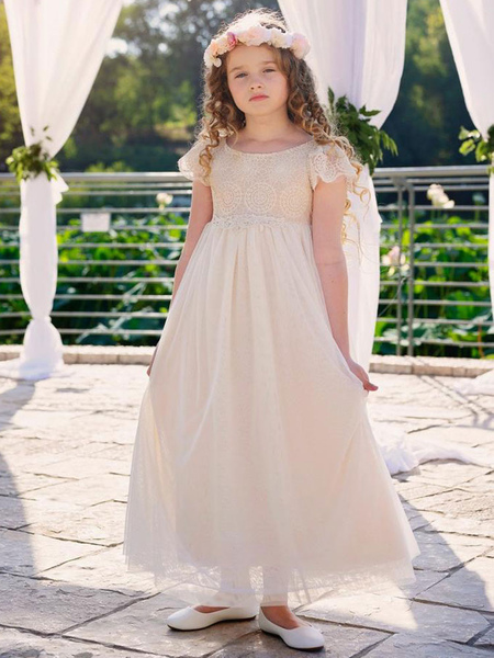 

Milanoo Champagne Flower Girl Dresses Jewel Neck Short Sleeves Lace Formal Kids Pageant Dresses