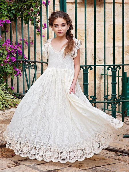 

Milanoo Ivory Flower Girl Dresses Jewel Neck Lace Short Sleeves Floor-Length A-Line Lace Kids Social
