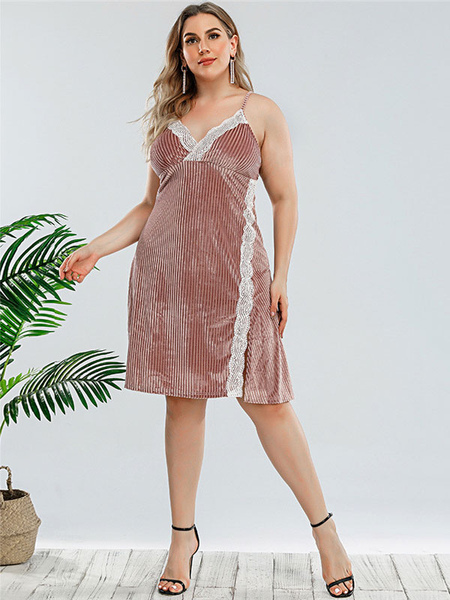 

Milanoo Plus Size Midi Dress For Women Straps Neck Sleeveless Two-Tone Polyester Knee Length One Pie, Pink