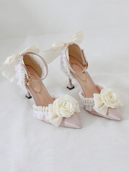 Image of Dolce lolita cinturino alla caviglia tacco ecru fiori bianchi perle pizzo nabuk tacco a spillo scarpe lolita