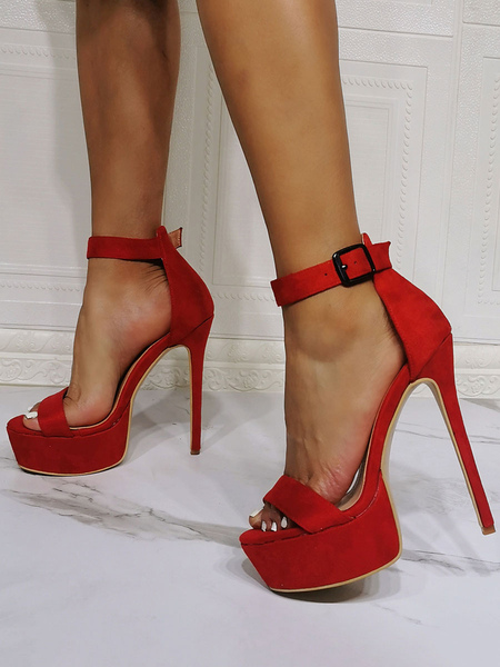 Image of Sandali sexy con tacco alto per donna Tacchi a spillo sexy con cinturino alla caviglia in pelle scamosciata rossa con tomaia aperta