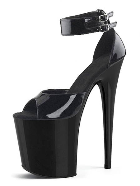 

Milanoo Women Sexy Sandals Black PU Leather Open Toe Stiletto Heel Sky High Heel Ankle Strap Heels S, Black;red