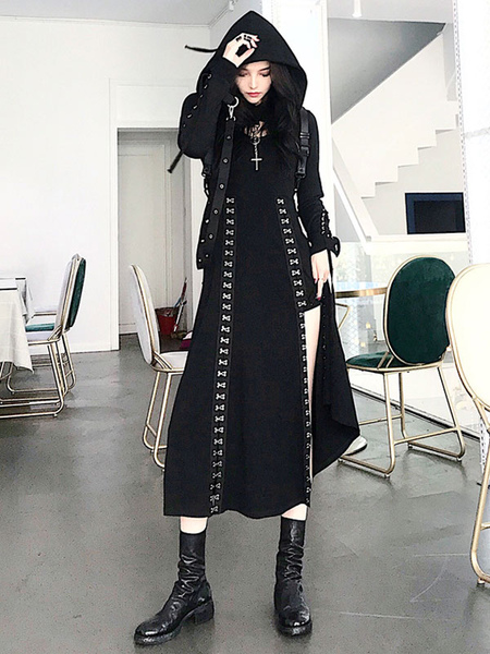Image of Cardigan Gothic Lolita Cappotto con cappuccio a maniche lunghe con motivo metallizzato in poliestere nero