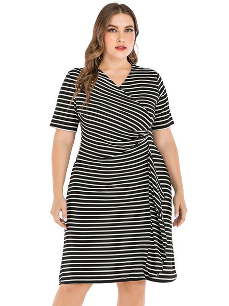 Milanoo Plus Size Dress For Women V-Neck Short Sleeves Stripes Pattern Polyester Knee Length One Pie