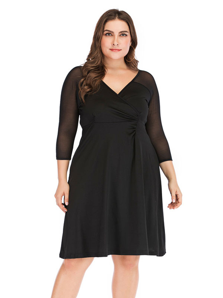 

Milanoo Plus Size Dress For Women V-Neck 3/4 Length Sleeves Polyester Knee Length Tunic Dress, Black