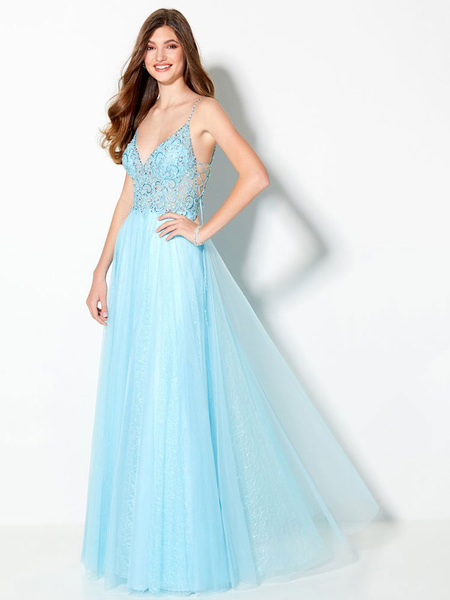

Milanoo Prom Dress Mint Blue V-Neck A-Line Sleeveless Backless Beaded Polyester Lace Wedding Guest D, Pastel blue