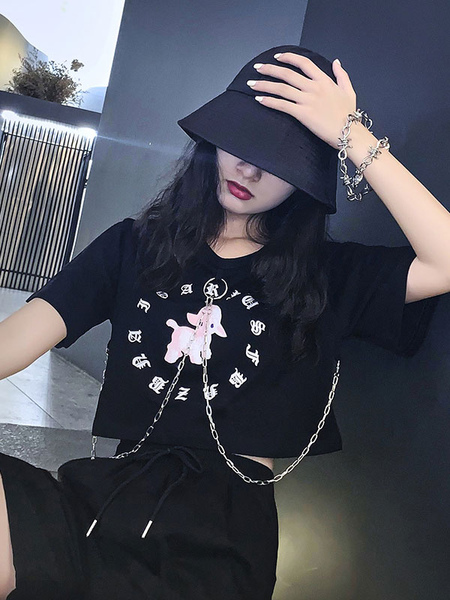 

Milanoo Lolita Blouse For Women Black Polyester Jewel Neck Short Sleeves Polyester Lolita T-Shirt