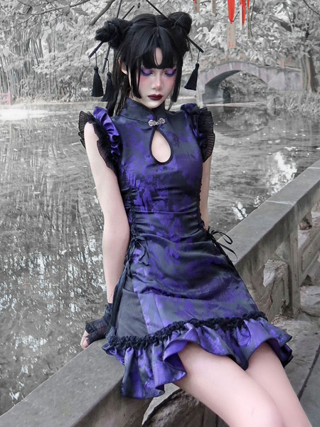 Image of Abito Gothic Lolita OP Abito Lolita in stile cinese con motivo jacquard in poliestere senza maniche viola Purple
