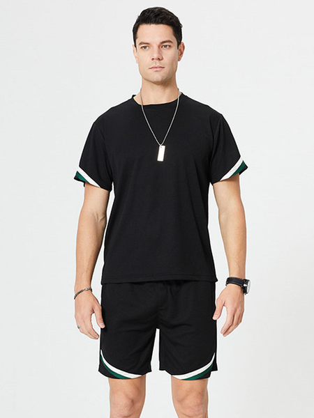 Men′s Activewear 2-Piece Color Block Short Sleeves Jewel Neck Black