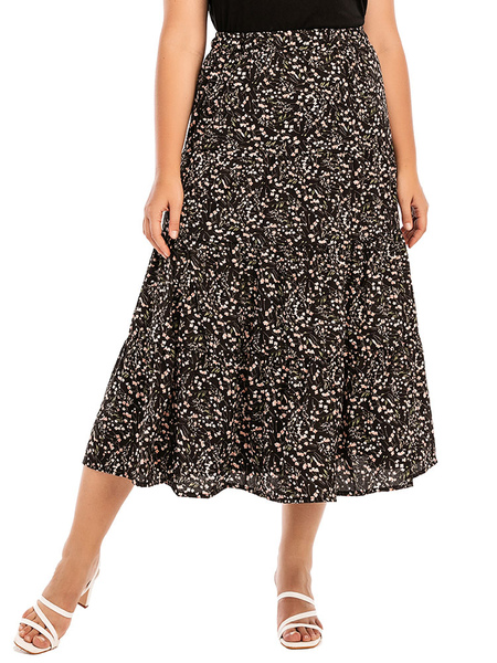 Milanoo Plus Size Skirt For Women Floral Print Pleated Polyester Black Summer Skirt