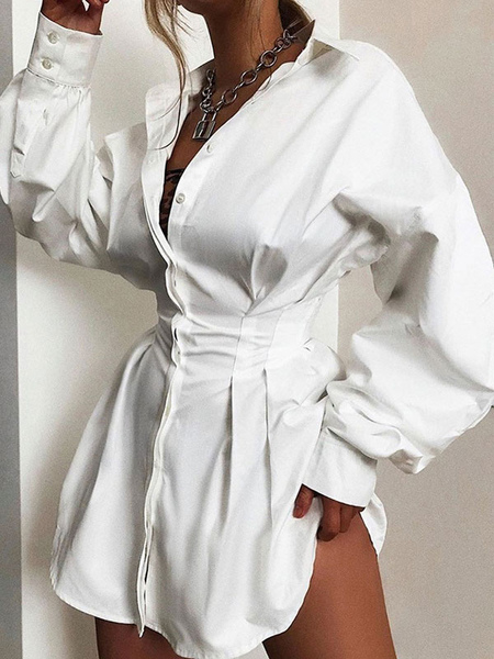 Milanoo Dresses Shirt Dresses Midi Dress White Turndown Collar Long Sleeves Polyester  - buy with discount
