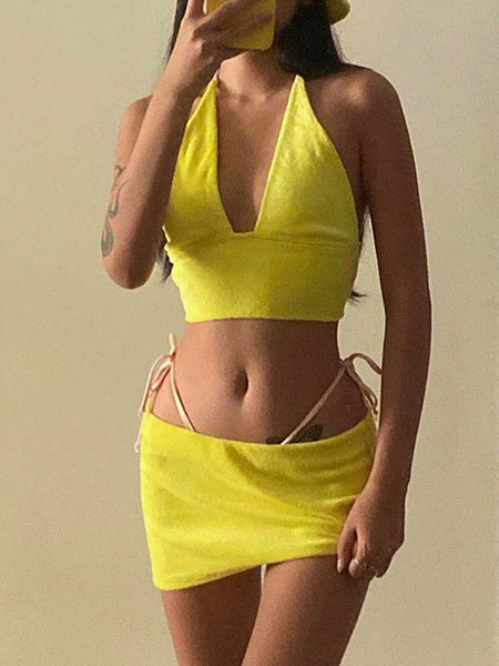 Milanoo Two Piece Sets Yellow Polyester Pleated Sleeveless Straps Neck Open Shoulder Casual Top Outf  - buy with discount