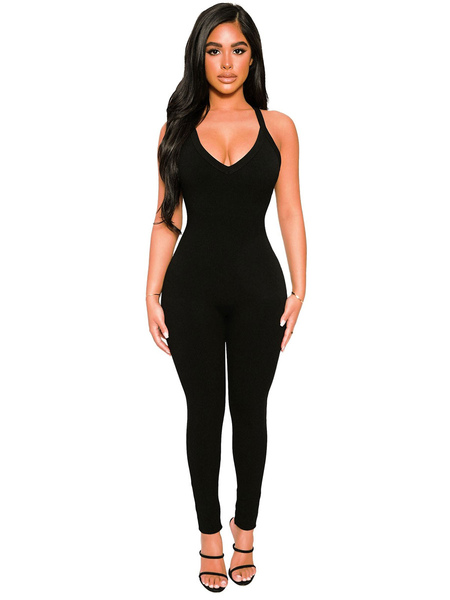Milanoo Black Jumpsuit V-Neck Sleeveless Backless Spaghetti Straps Polyester Skinny Summer One Piece  - buy with discount